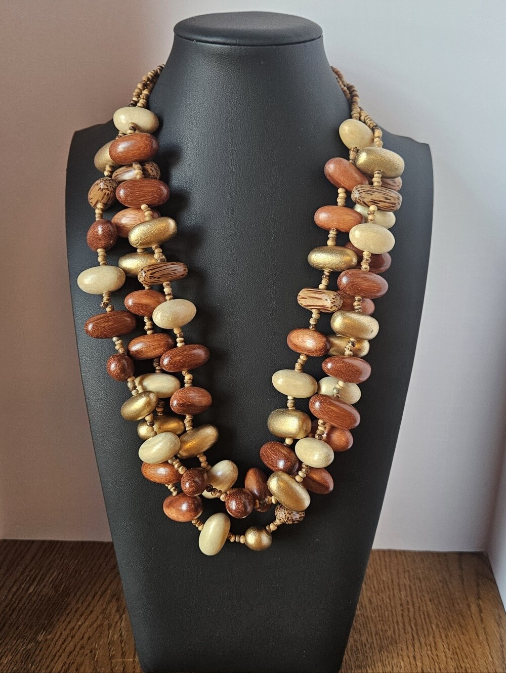 Chunky Wood Bead Necklace Multi Strand Boho Statement